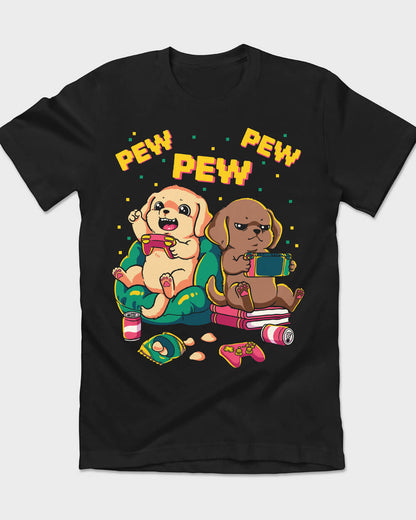 Retro graphic black T-shirt with two Labradors playing video games