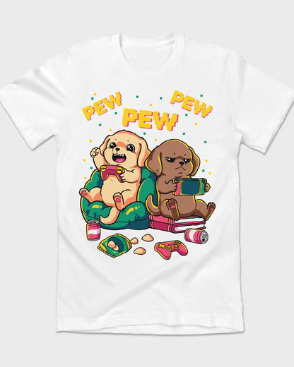 Pair of Lab dogs gaming on a retro-style white T-shirt for dog lovers