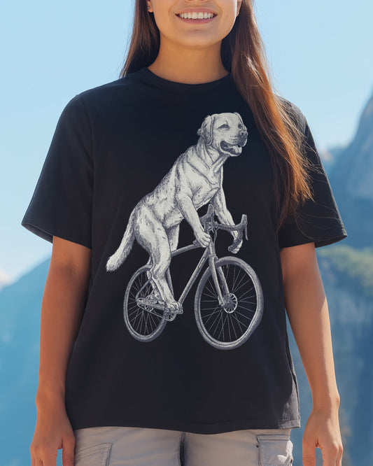 Labrador cycling on a vintage bicycle engraving-style black T-shirt design