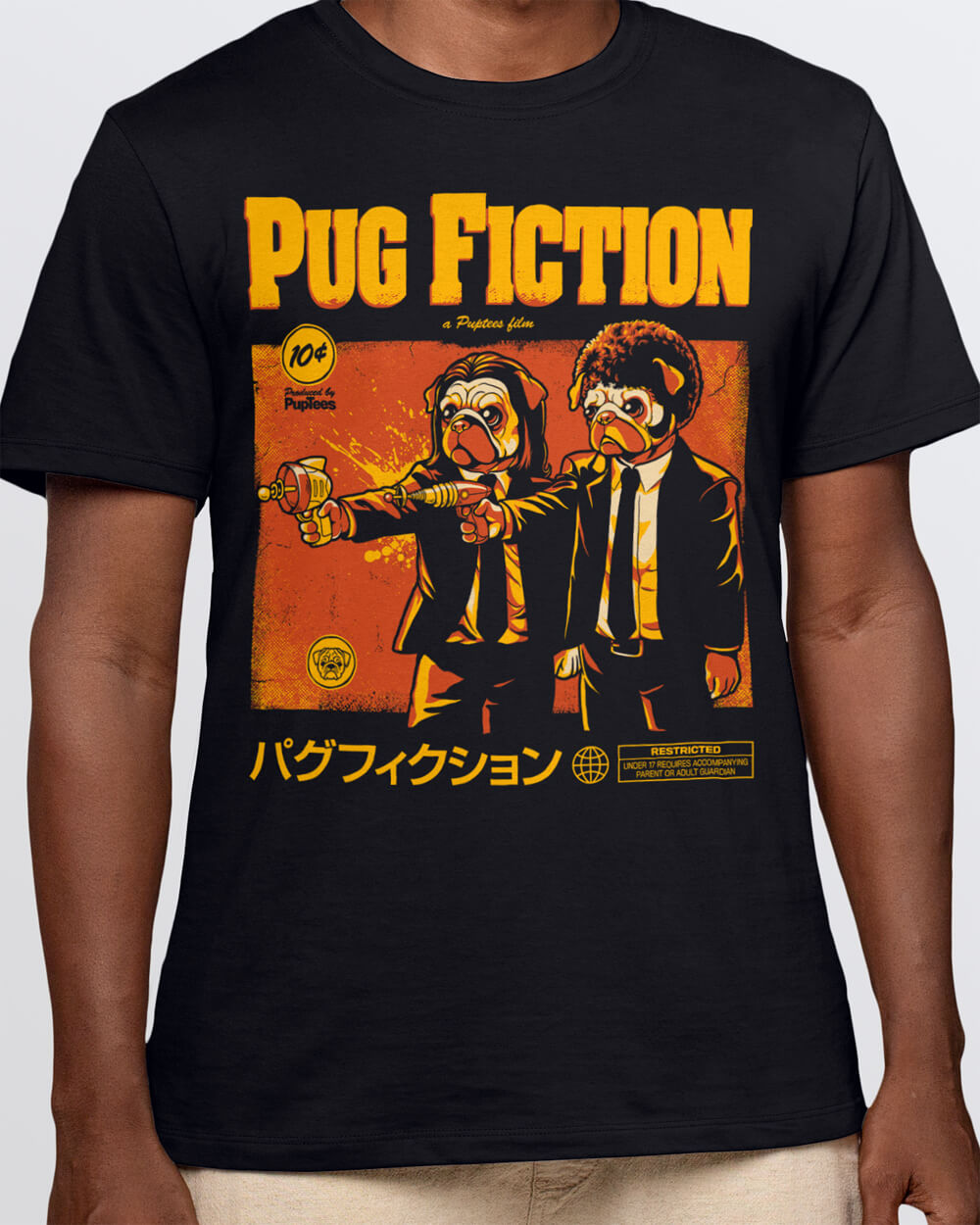 Funny parody shirt with pug dogs in Pulp Fiction scene