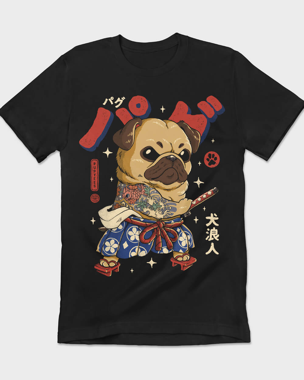 Graphic T-shirt featuring a fierce Pug dressed as a samurai ronin with a traditional katana