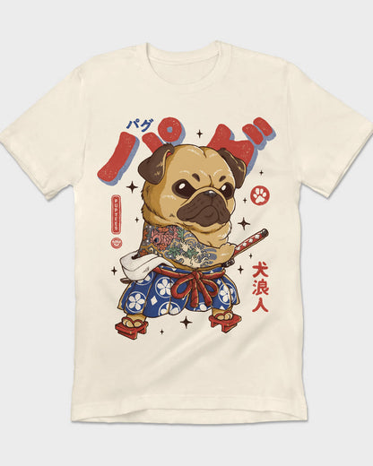 Creative T-shirt design with a Pug in full samurai ronin attire, inspired by Japanese samurai legends