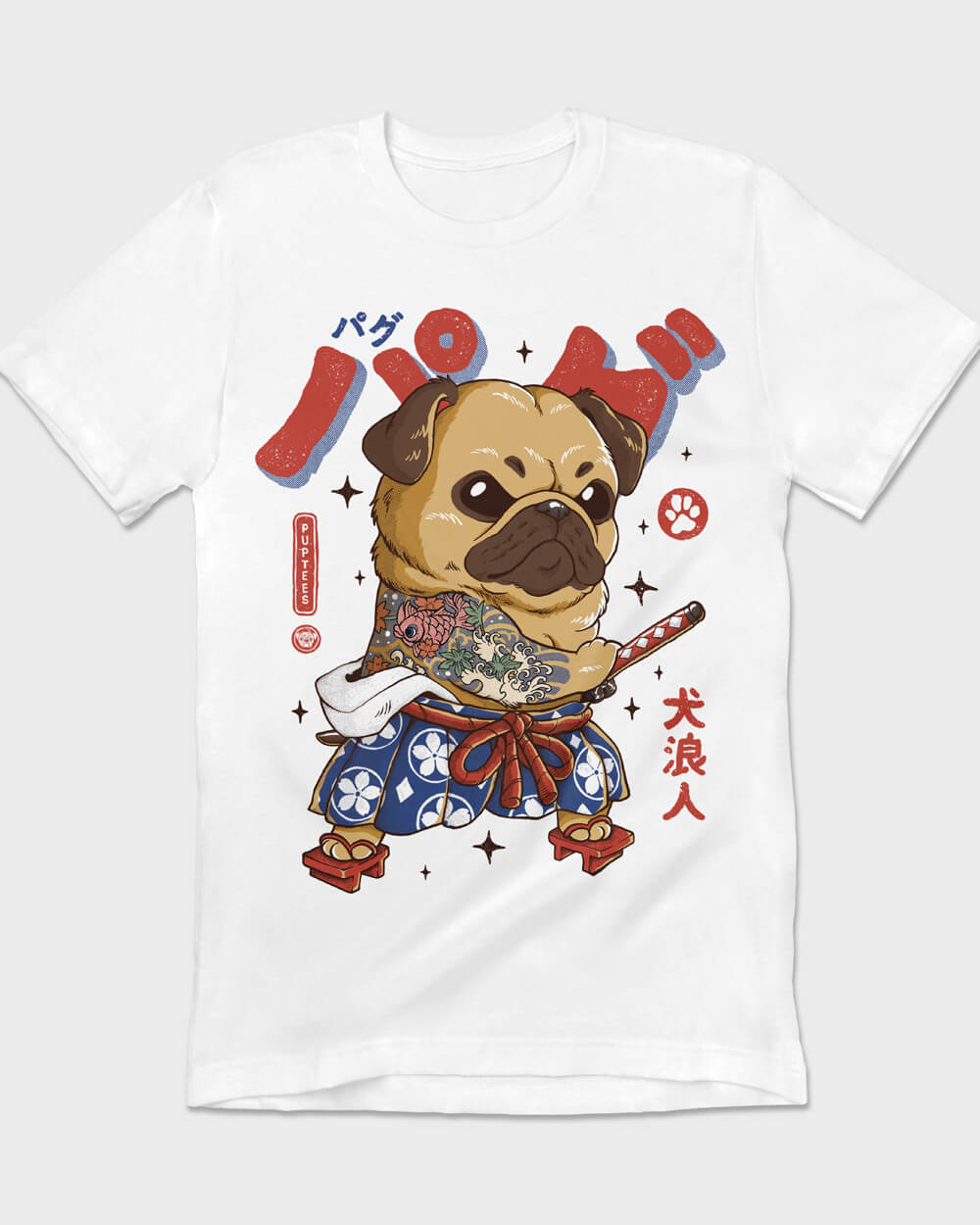 Cute and stylish Pug white T-shirt with bold Japanese letters for women, men, and kids