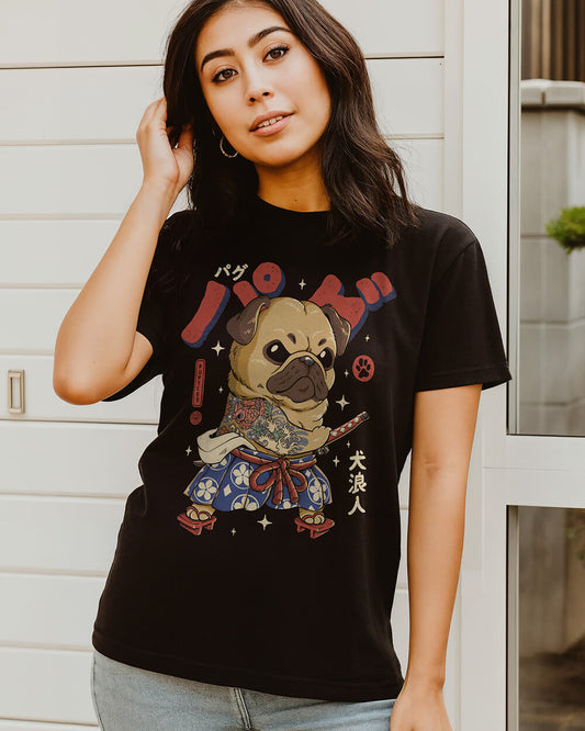 Unique Pug Samurai Ronin black T-shirt design in cute Anime style