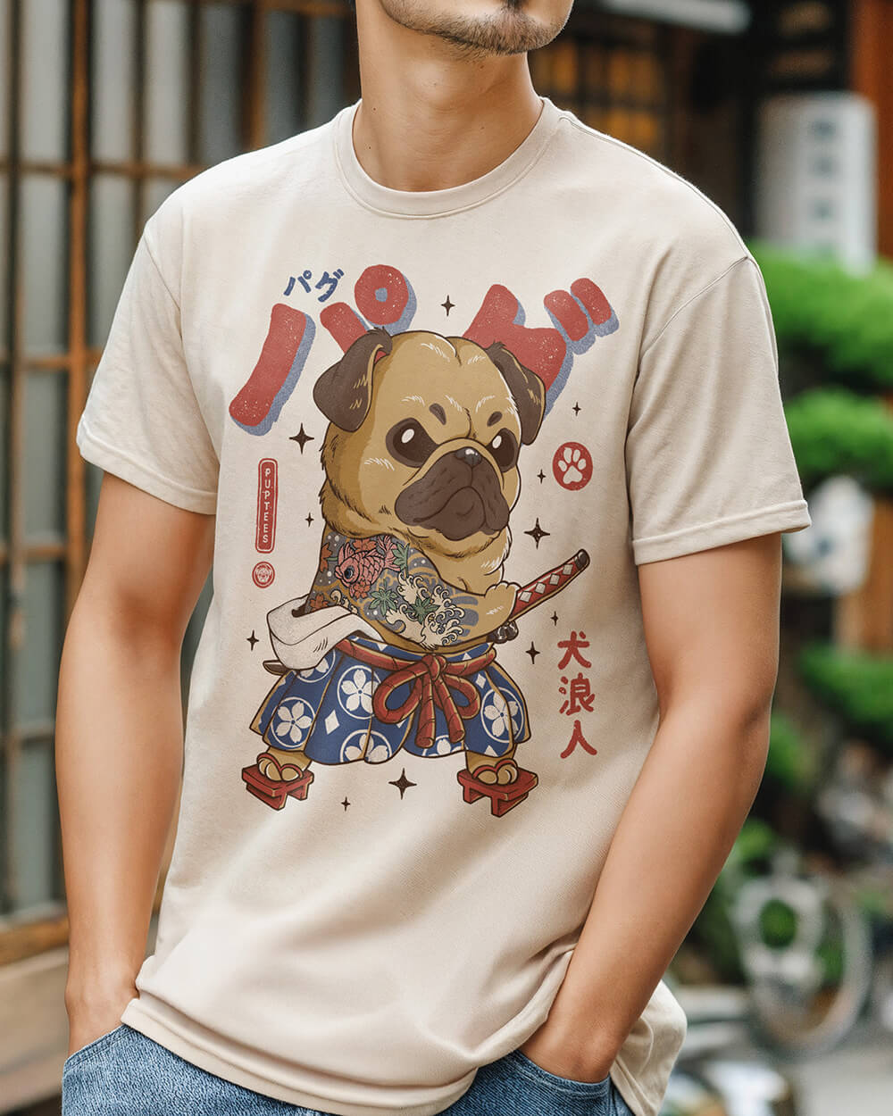 Hand illustration of Pug as a samurai ronin on a T-shirt, wearing armor and a sword in Japanese style