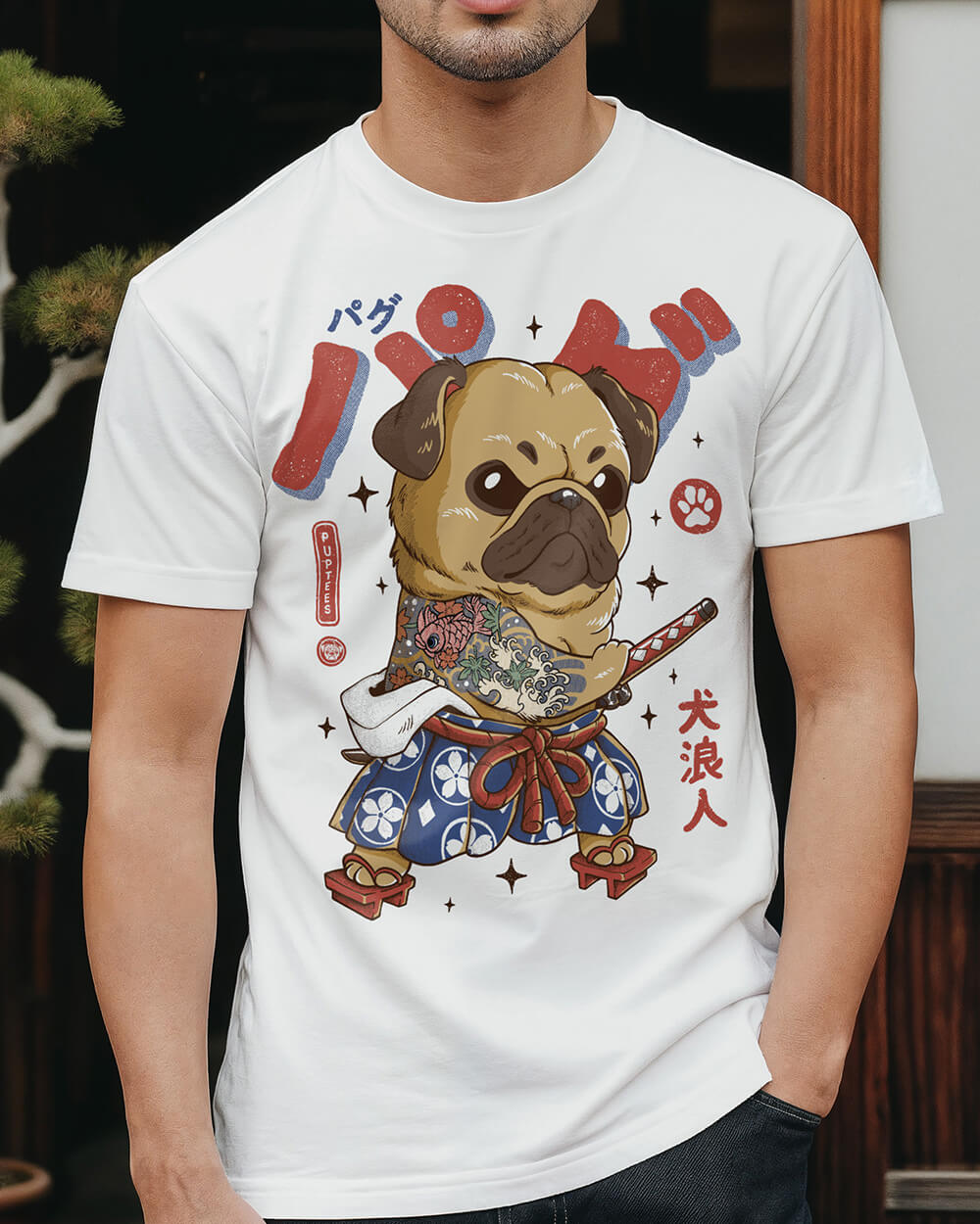 Pug white T-shirt design with samurai ronin attire, perfect for dog lovers and Japanese culture enthusiasts