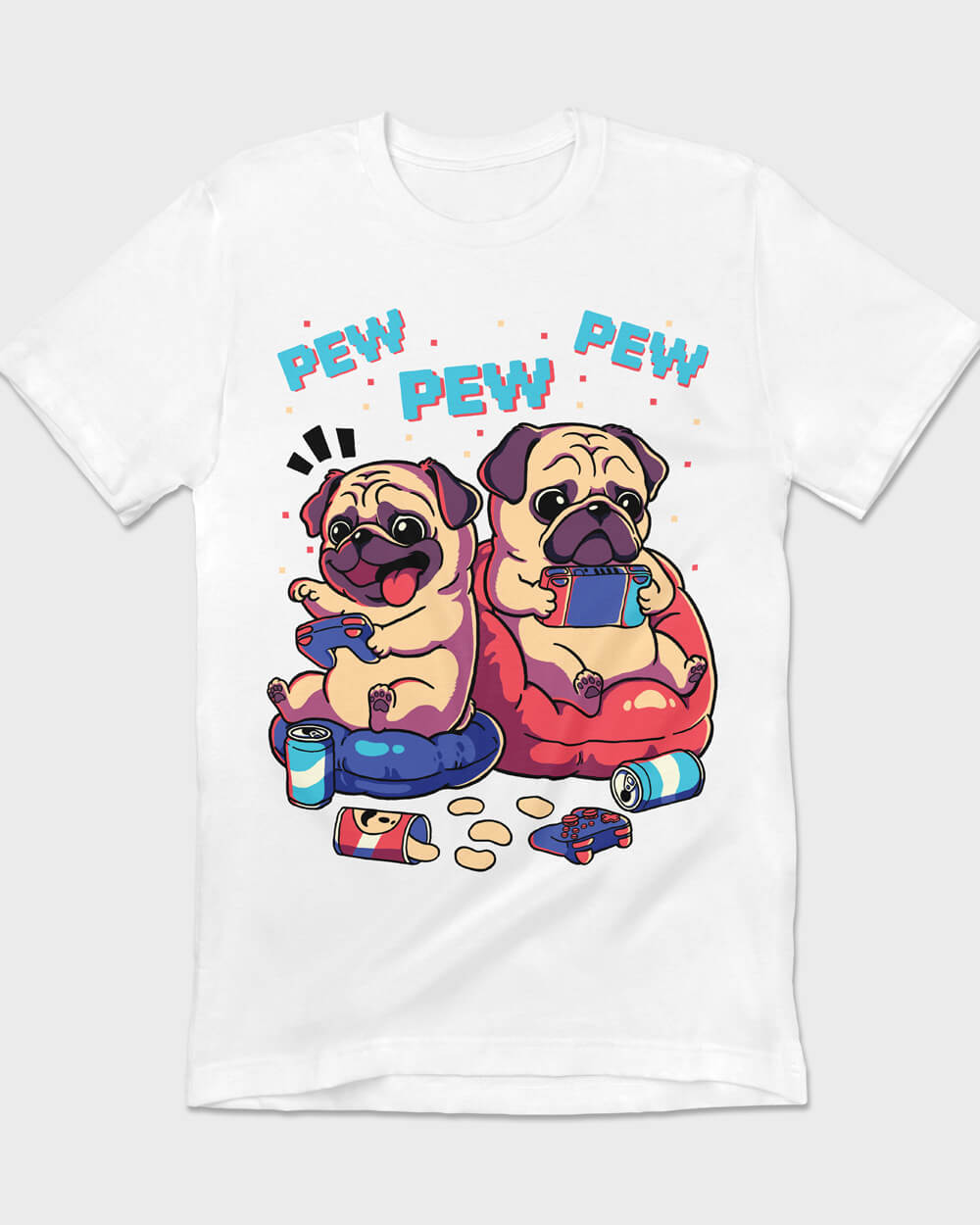 Pair of Pug dogs gaming on a retro-style white T-shirt for dog lovers