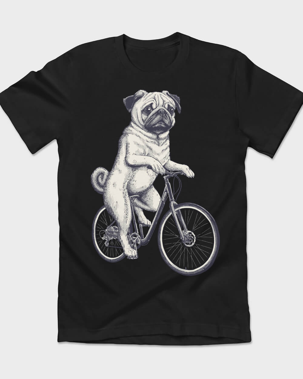 B&W Pug dog on a bicycle tee design