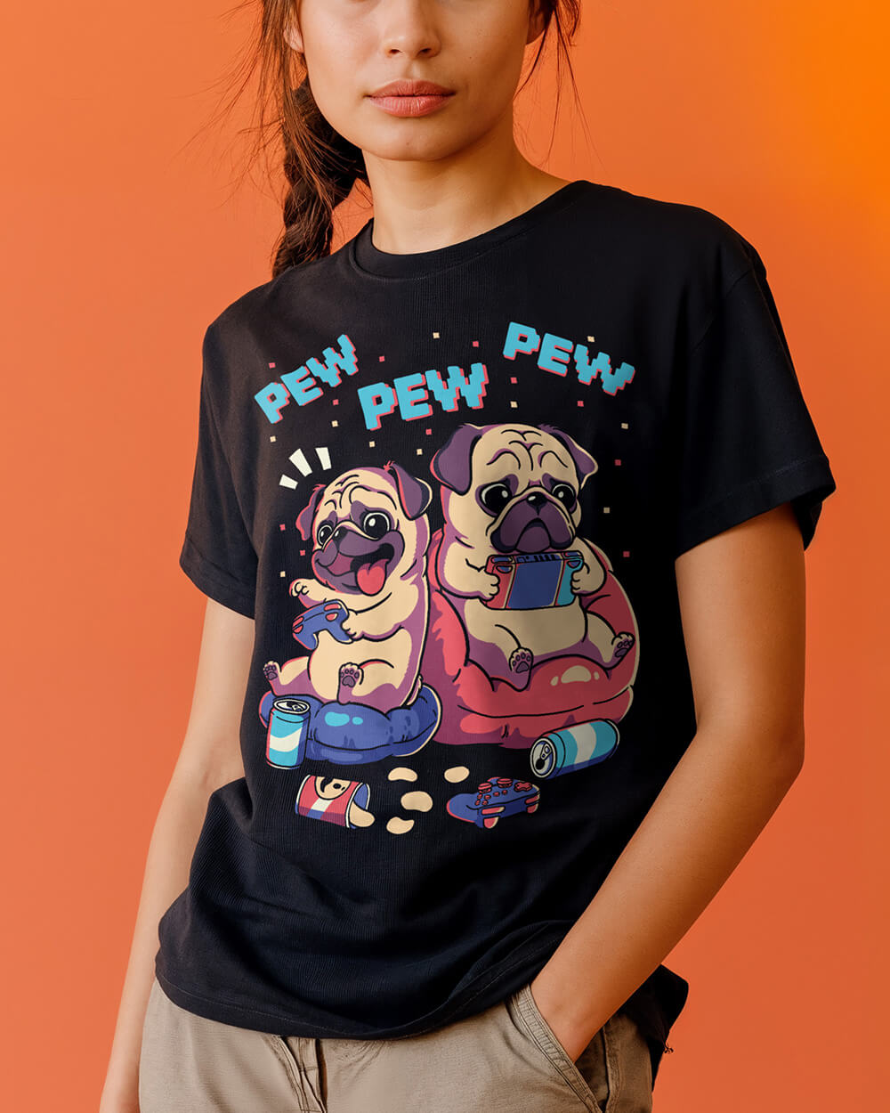 Pug dogs playing video games T-shirt in retro colors and design