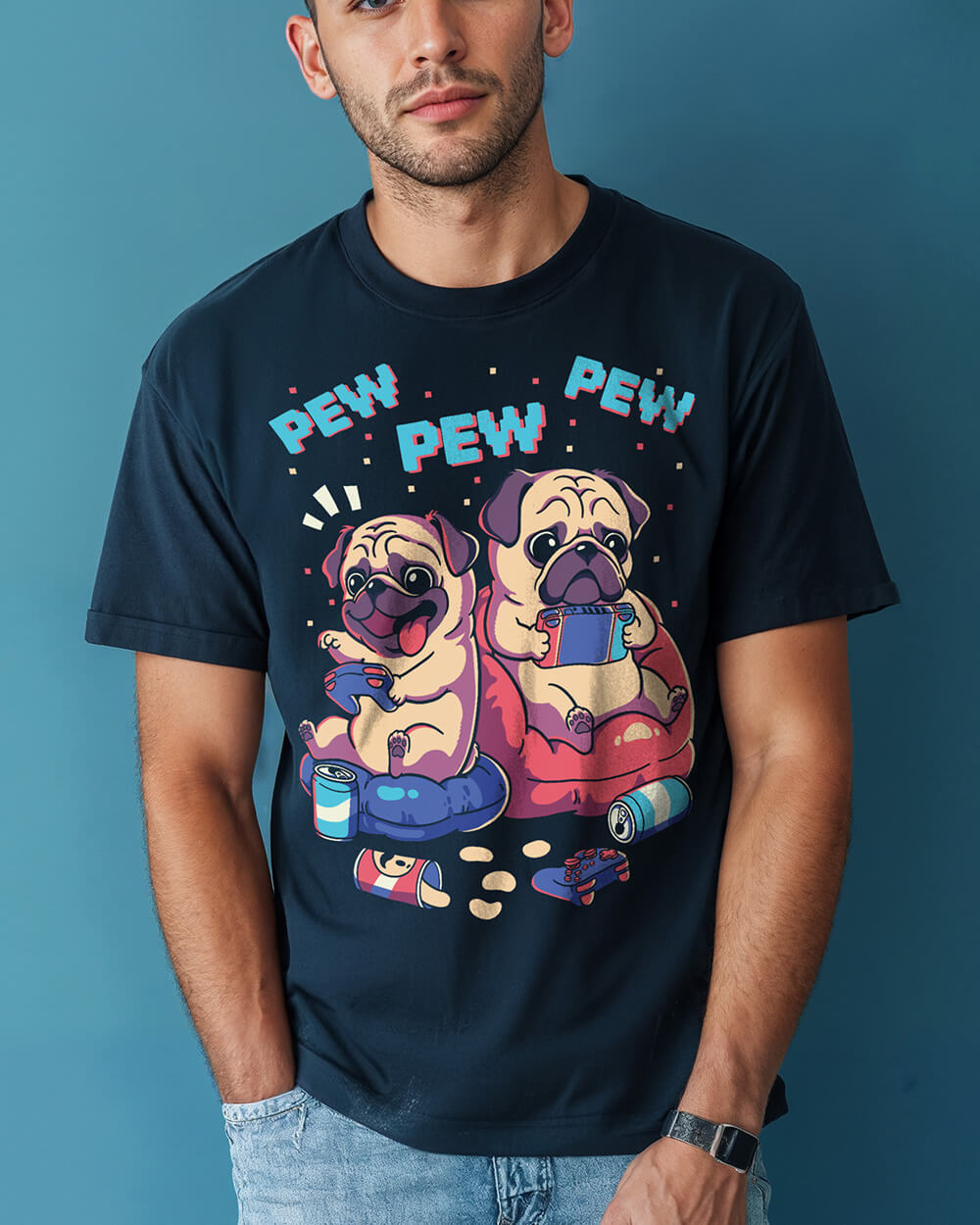 Gamer Pug pups playing retro games dad T-shirt