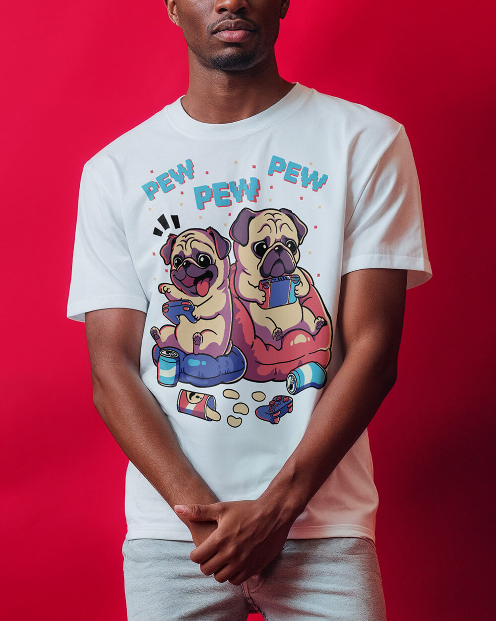 Vintage style Pug buddy dogs in gaming session night white T-shirt design