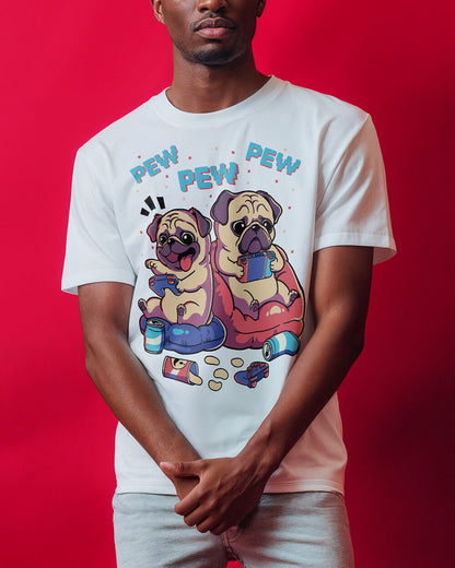 Vintage style Pug buddy dogs in gaming session night white T-shirt design
