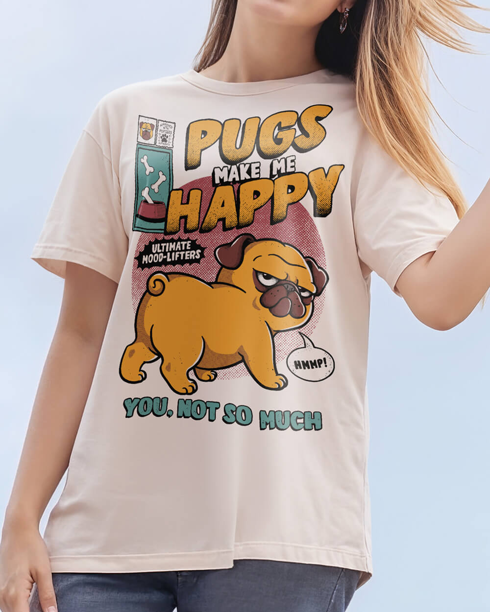Comfy pug-themed t-shirt with funny humorous slogan for dog lovers