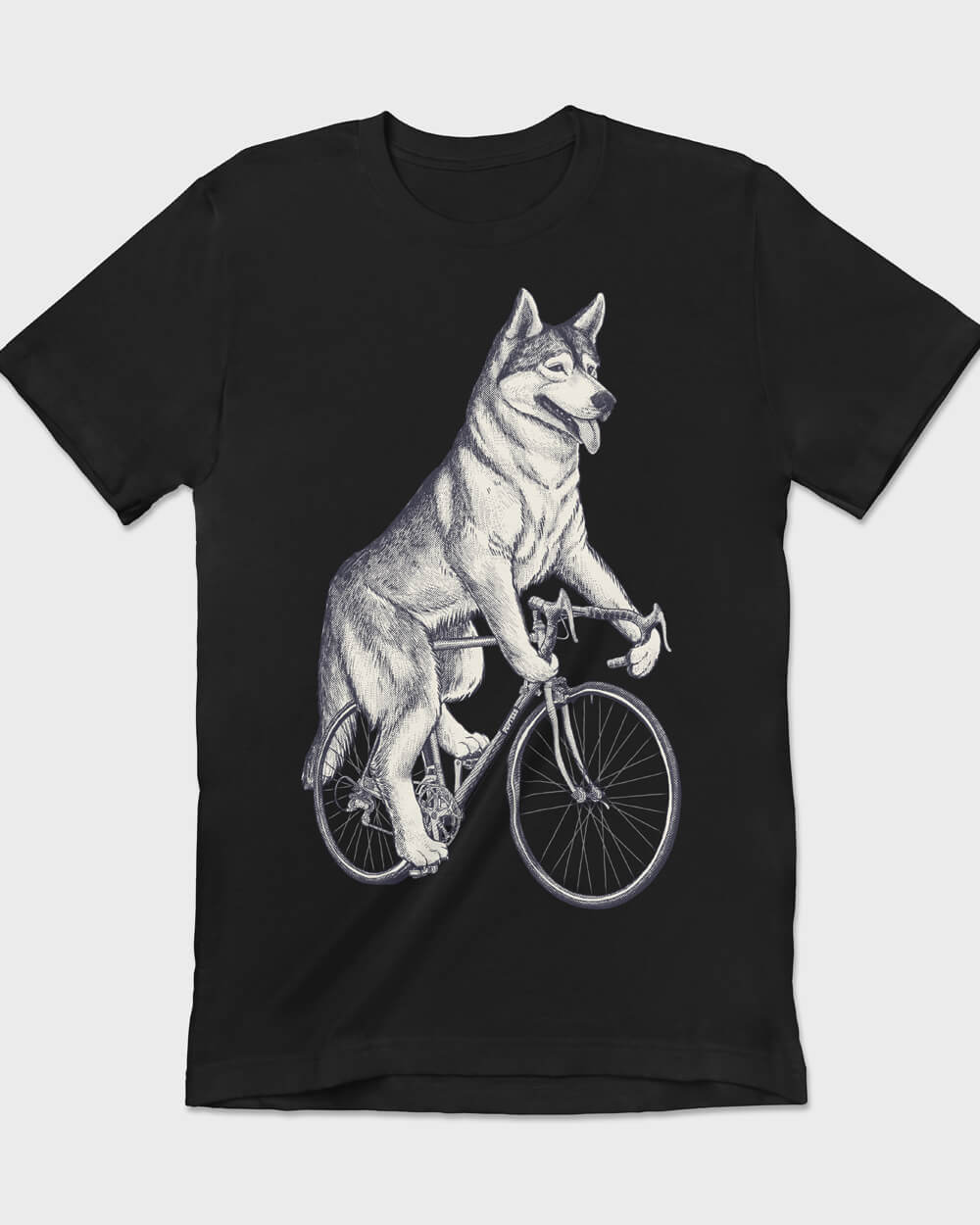 B&W Husky dog on a bicycle tee design